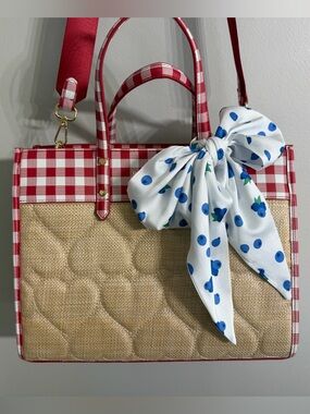 *NWT* Betsey Johnson XO BECA Straw Hearts Tote Handbag with Red Gingham Accents